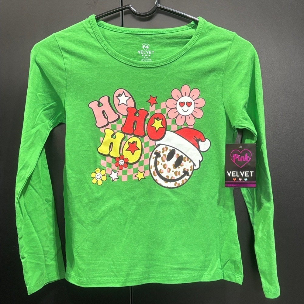 Pink Velvet HO HO HO Smiley face with Santa hat, flowers,Christmas